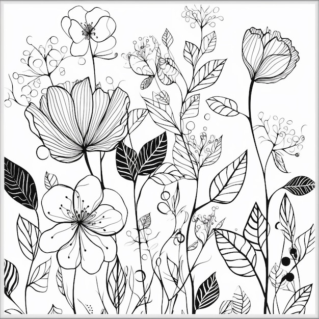 A black and white drawing of flowers and leaves.