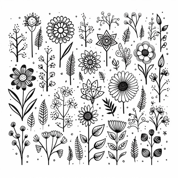 a black and white drawing of flowers and plants generative ai