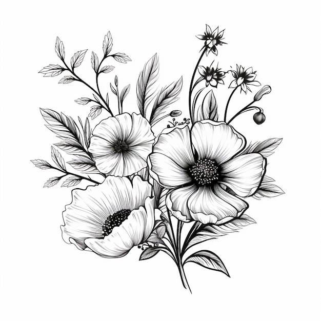 Photo a black and white drawing of flowers on a white background generative ai