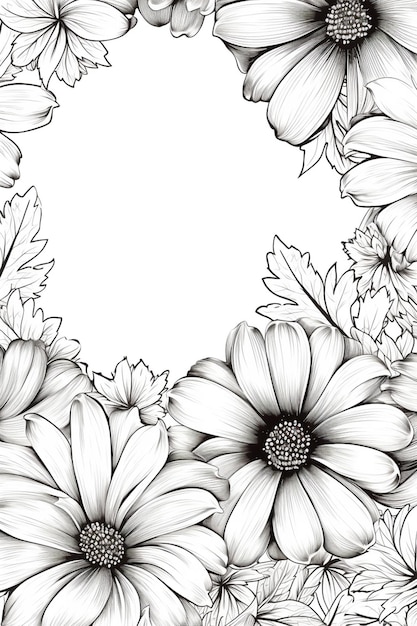 a black and white drawing of flowers with a blank space in the middle generative ai