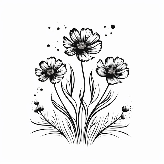 a black and white drawing of flowers with bubbles in the background generative ai