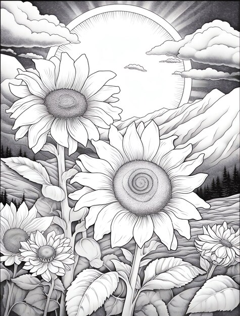 a black and white drawing of flowers with a circle in the middle
