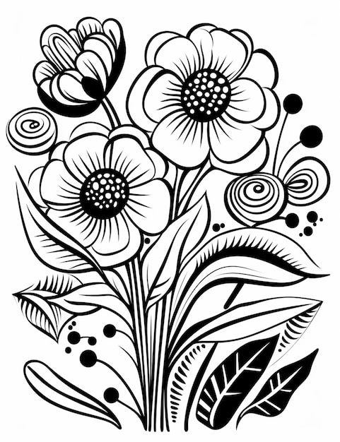 Черно-белый рисунок цветов с листьями и точками, генеративный ai