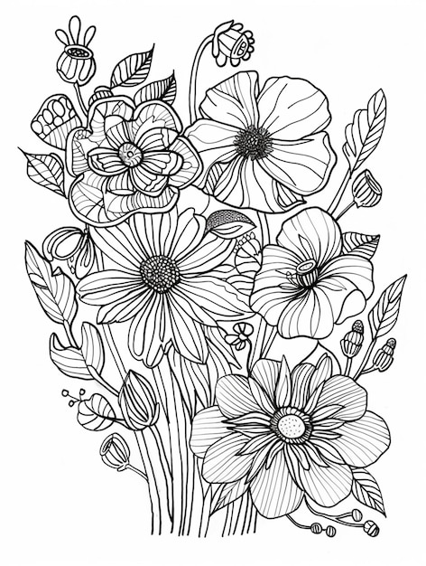 a black and white drawing of flowers with leaves and flowers generative ai