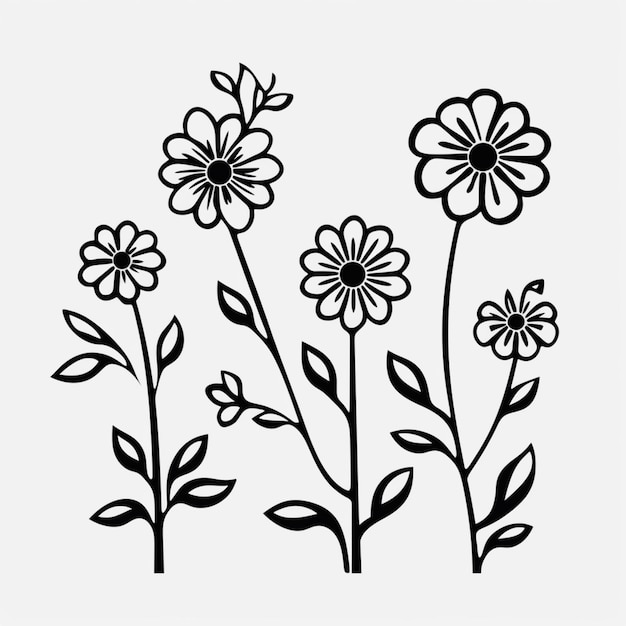 Photo a black and white drawing of flowers with leaves and flowers generative ai