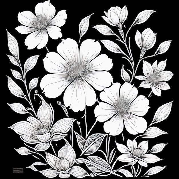 A black and white drawing of flowers with leaves and flowers.