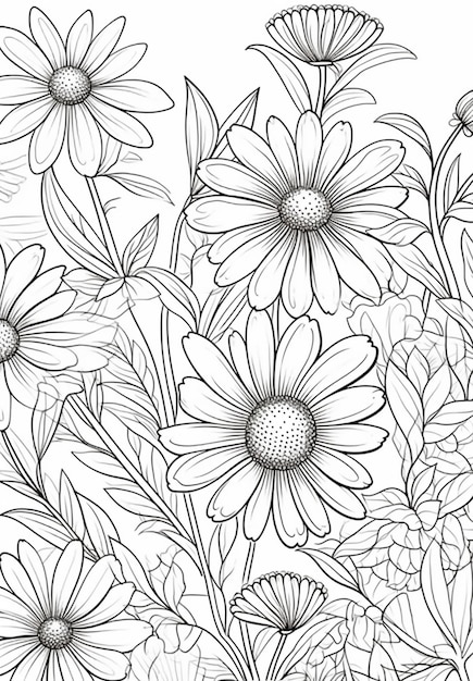 A black and white drawing of flowers with leaves generative ai