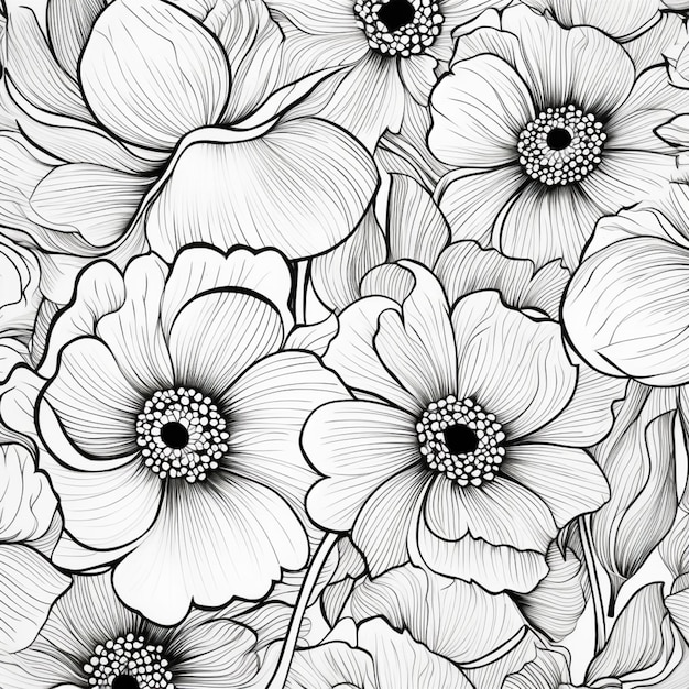 Черно-белый рисунок цветов с листьями, генеративный ай