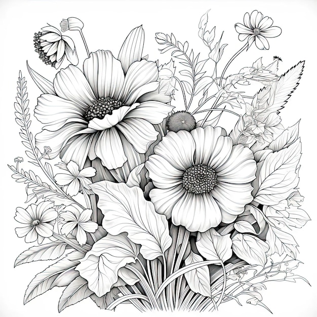 A black and white drawing of flowers