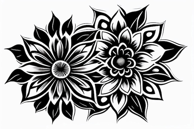 A black and white drawing of flowers.