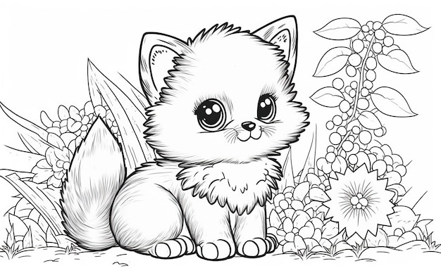 A black and white drawing of a fluffy kitten with a flower background, skecth for coloring book