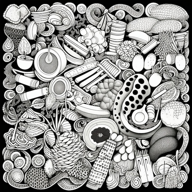 A black and white drawing of food and a lot of things.