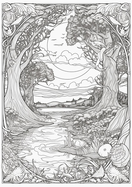 a black and white drawing of a forest scene with a lake generative ai