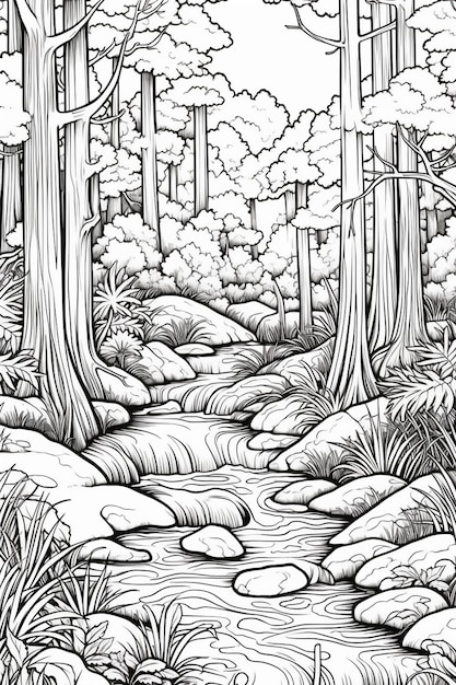 Foto un disegno in bianco e nero di una scena forestale con un flusso generativo ai