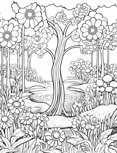 Photo a black and white drawing of a forest with flowers and trees generativ ai