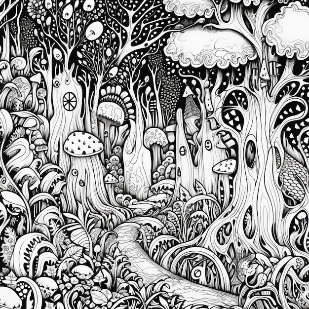 Photo a black and white drawing of a forest with mushrooms and trees generative ai