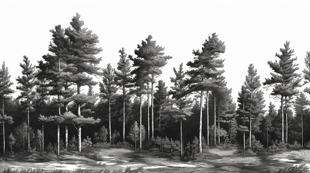 Photo a black and white drawing of a forest with tall trees generative ai