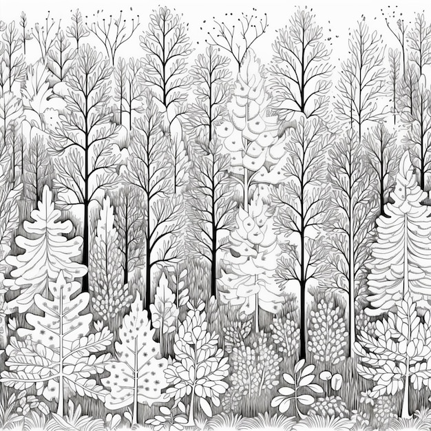 Photo a black and white drawing of a forest with trees and bushes generative ai