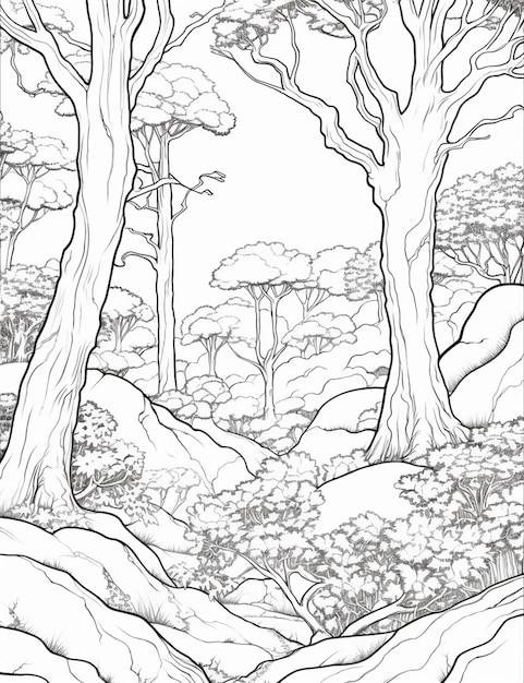 黒と白の木と岩の森の絵
