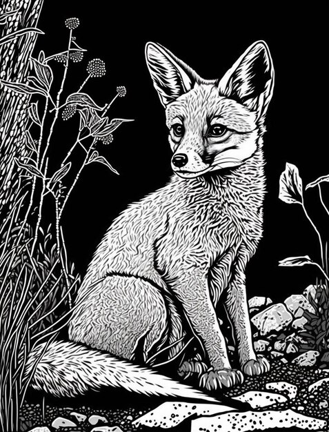 a black and white drawing of a fox sitting in the grass generative ai