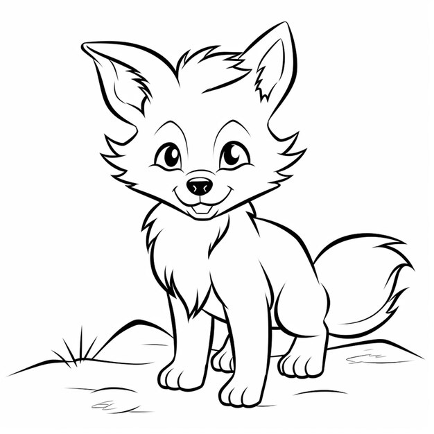 A black and white drawing of a fox sitting on the ground generative ai
