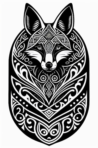 A black and white drawing of a fox with a geometric pattern.