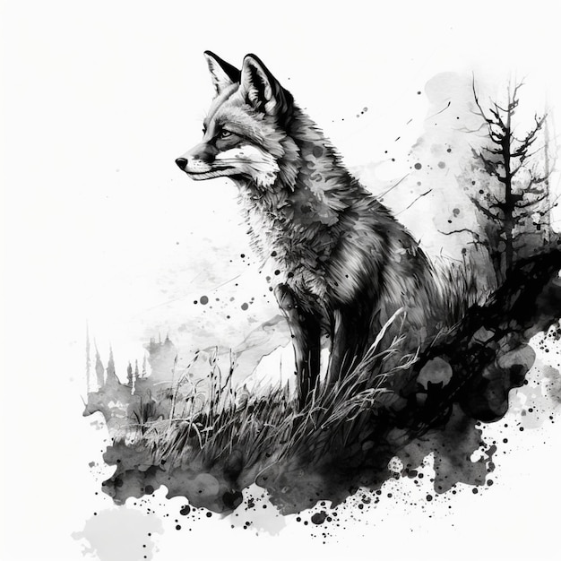 A black and white drawing of a fox with the word fox on it.