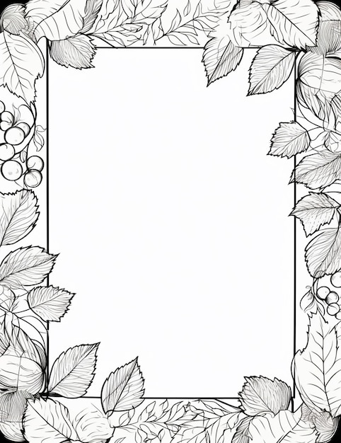 a black and white drawing of a frame with leaves and berries generative ai