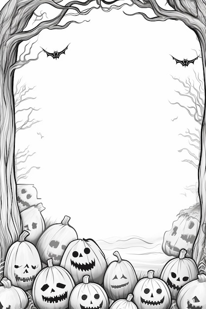 Photo a black and white drawing of a frame with pumpkins and bats generative ai