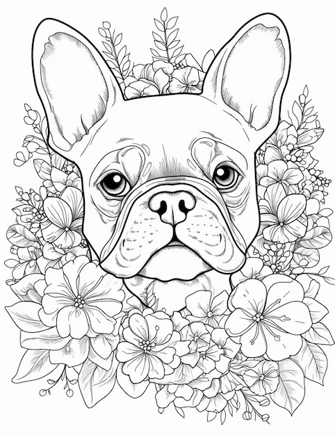 A black and white drawing of a french bulldog with flowers.