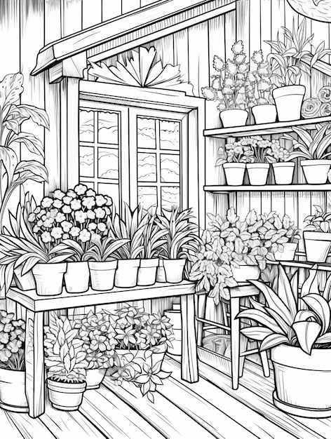 Photo a black and white drawing of a garden shop with potted plants generative ai