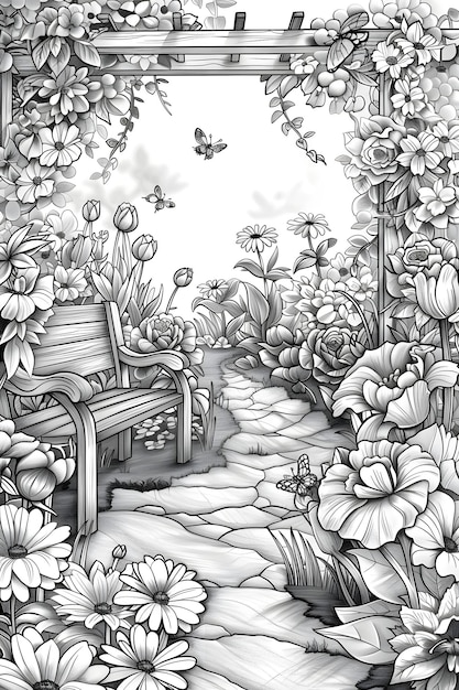 A black and white drawing of a garden with a bench and flowers