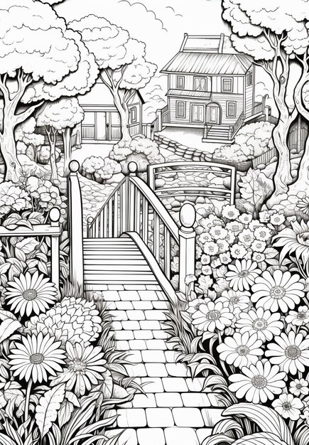 Photo a black and white drawing of a garden with flowers and a bridge generative ai