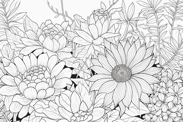 A black and white drawing of a garden with flowers.