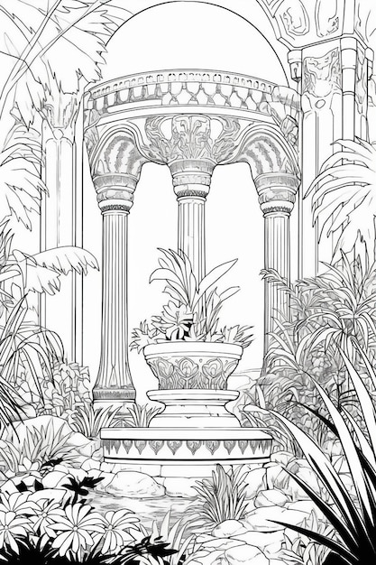 Photo a black and white drawing of a garden with a fountain generative ai