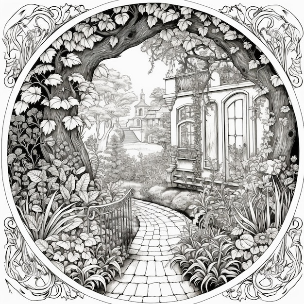 A black and white drawing of a garden with a path generative ai