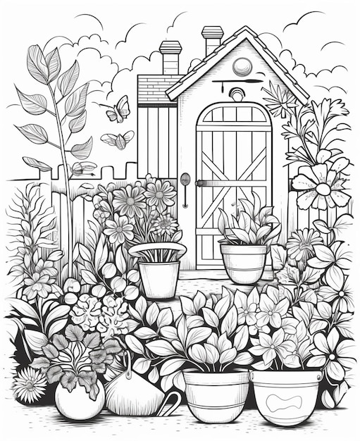 a black and white drawing of a garden with potted plants generative ai