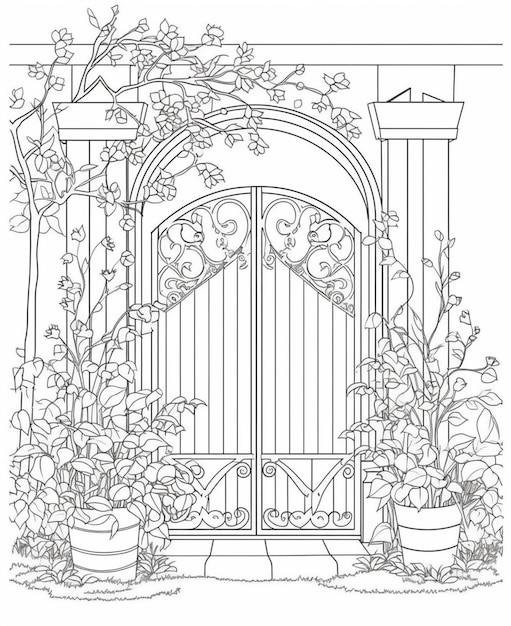 A black and white drawing of a gate with plants in pots.