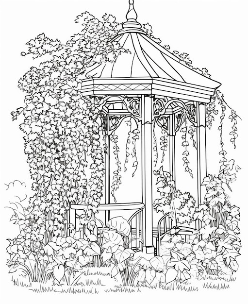 A black and white drawing of a gazebo with a vine growing around it.