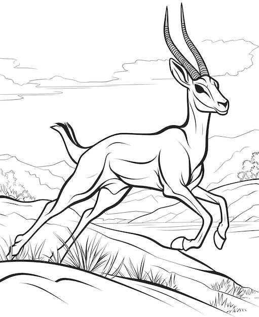 A black and white drawing of a gazelle running in the savannah.