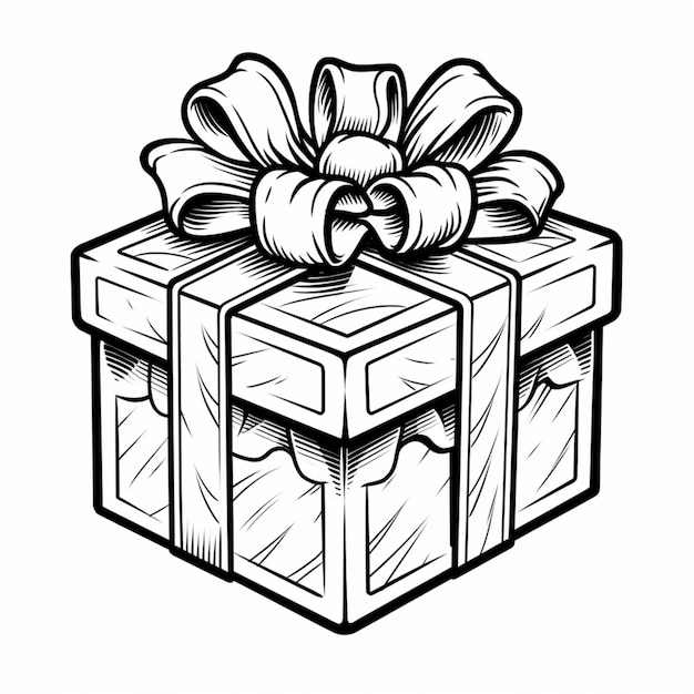 a black and white drawing of a gift box with a bow generative ai