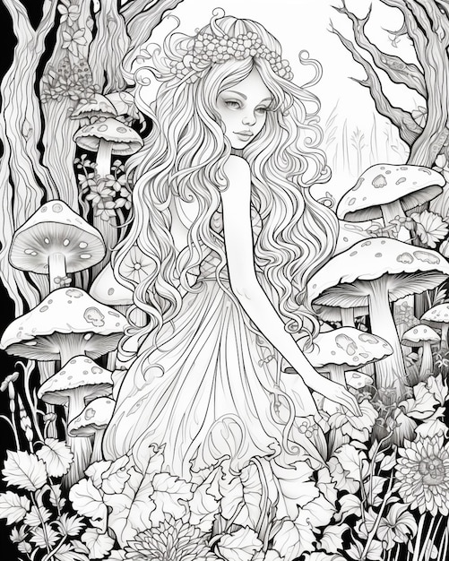 a black and white drawing of a girl in a dress surrounded by mushrooms generativ ai