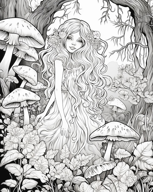 a black and white drawing of a girl in a forest generativ ai