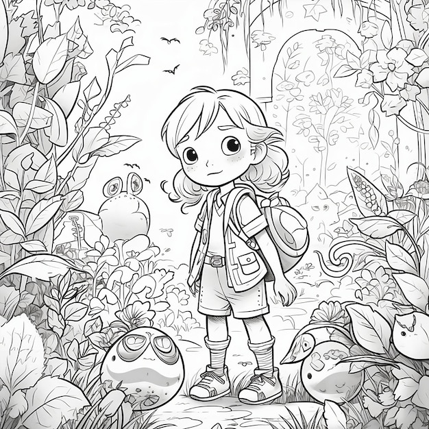 A black and white drawing of a girl in a garden with a mushroom on it.