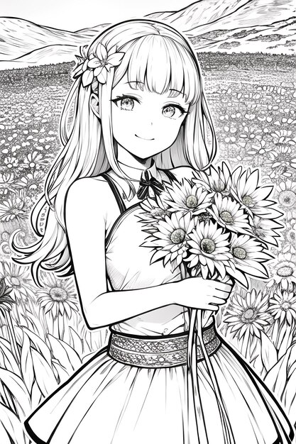 A black and white drawing of a girl holding a bouquet of flowers.