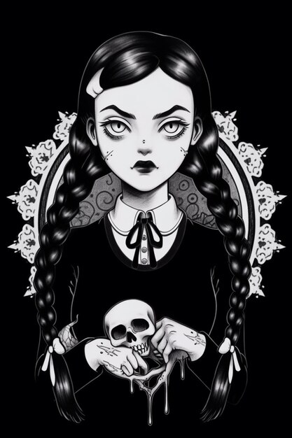 a black and white drawing of a girl holding a skull generative ai