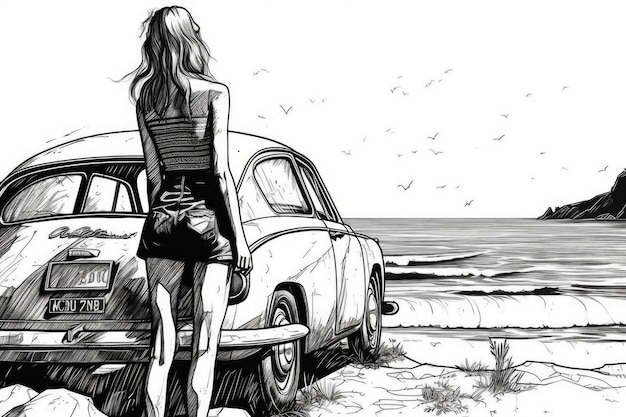 Черно-белый рисунок девушки, смотрящей на расстояние, стоящей на берегу моря рядом с машиной