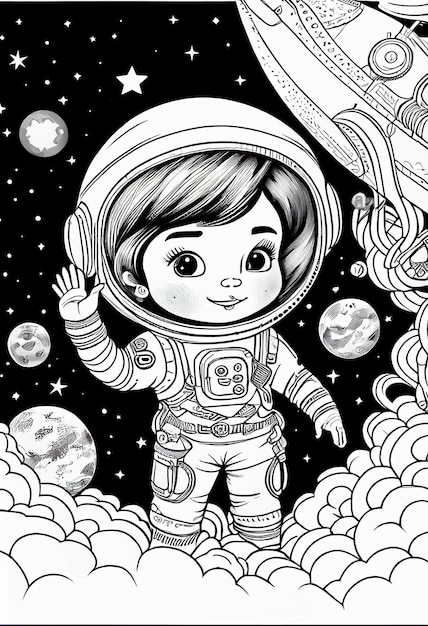 A black and white drawing of a girl in a space suit.