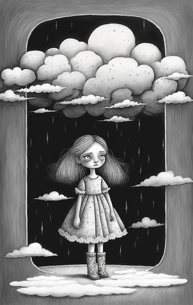 Foto un disegno in bianco e nero di una ragazza in piedi sotto la pioggia ai generativa