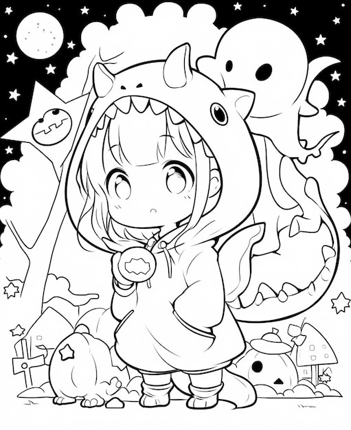 A black and white drawing of a girl wearing a shark costume.